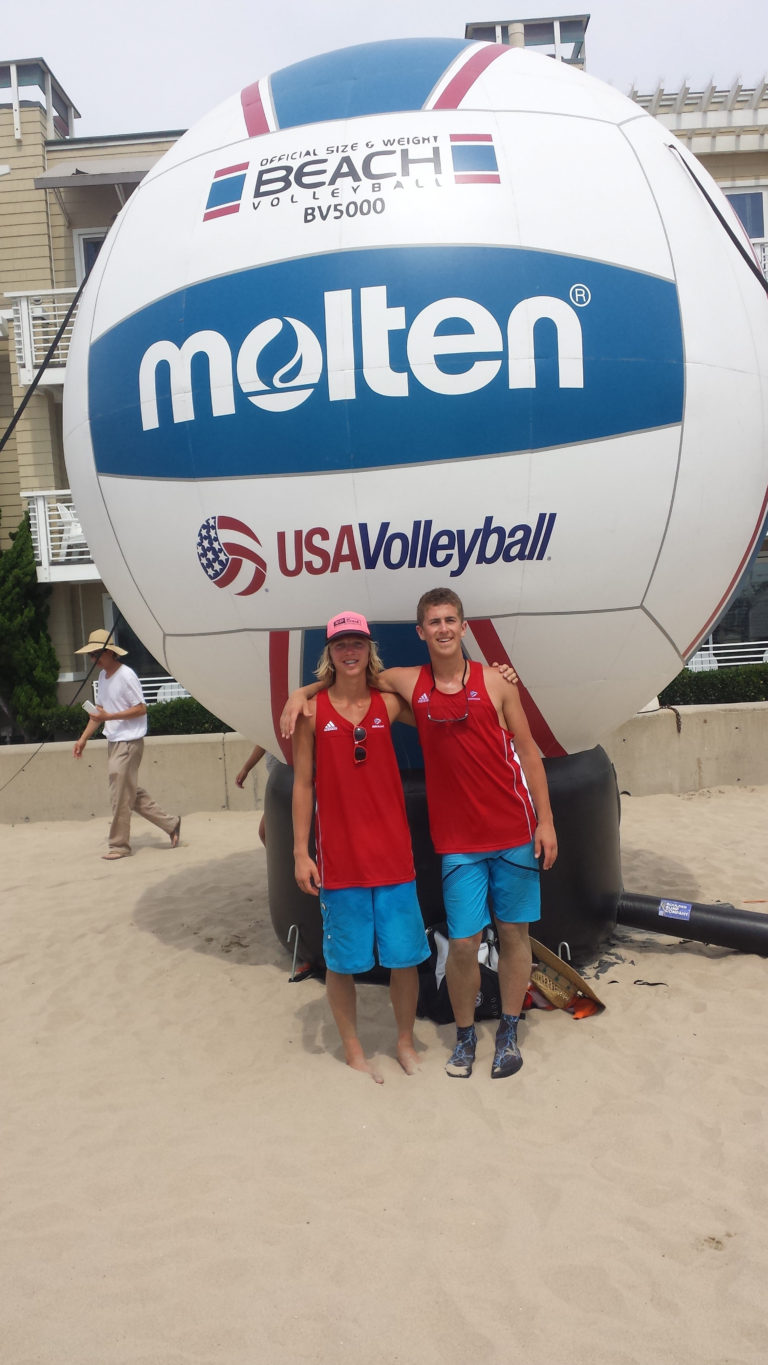 Kaleb Callaham, left, and Connor Hinthorn of Vancouver at the 19U USA Junior Boys Beach Volleyball Championships in Hermosa Beach, Calif.
