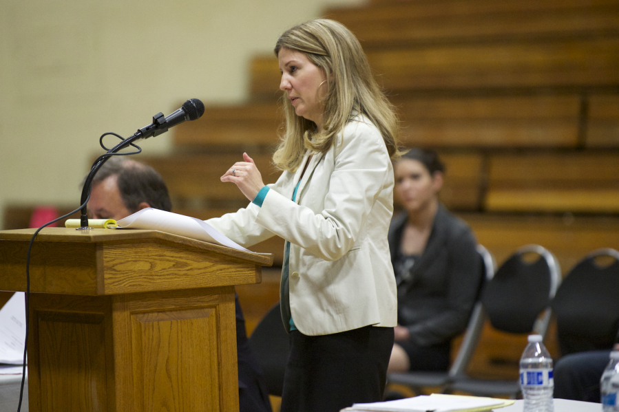 Anne Cruser argues a case before Washington State Court of Appeals Division II judges at Hudson’s Bay High School in 2015.