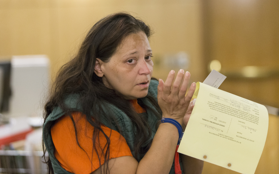 Traci Lynn Mendez, who’s accused of conspiring with four acquaintances in the beating and fatal shooting of Raymond Brandon, appears in Clark County Superior Court on Aug. 2.
