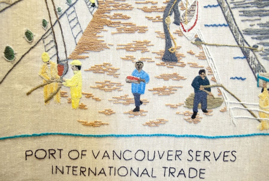 A panel in the Fort Vancouver Tapestry honors the Port of Vancouver. The 108-foot-long tapestry will be on display from Monday through Sunday, Aug. 27, in the Artillery Barracks.