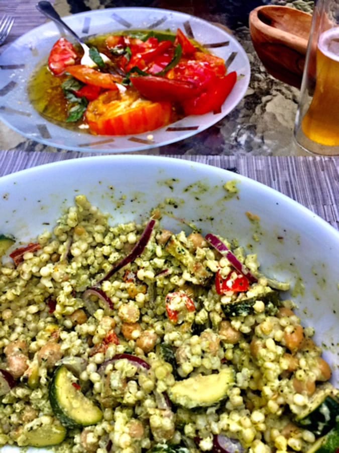 The larger grains of Israeli couscous with chickpeas, grilled vegetables and vibrant Green Goddess dressing come together in an excellent salad for late summer.