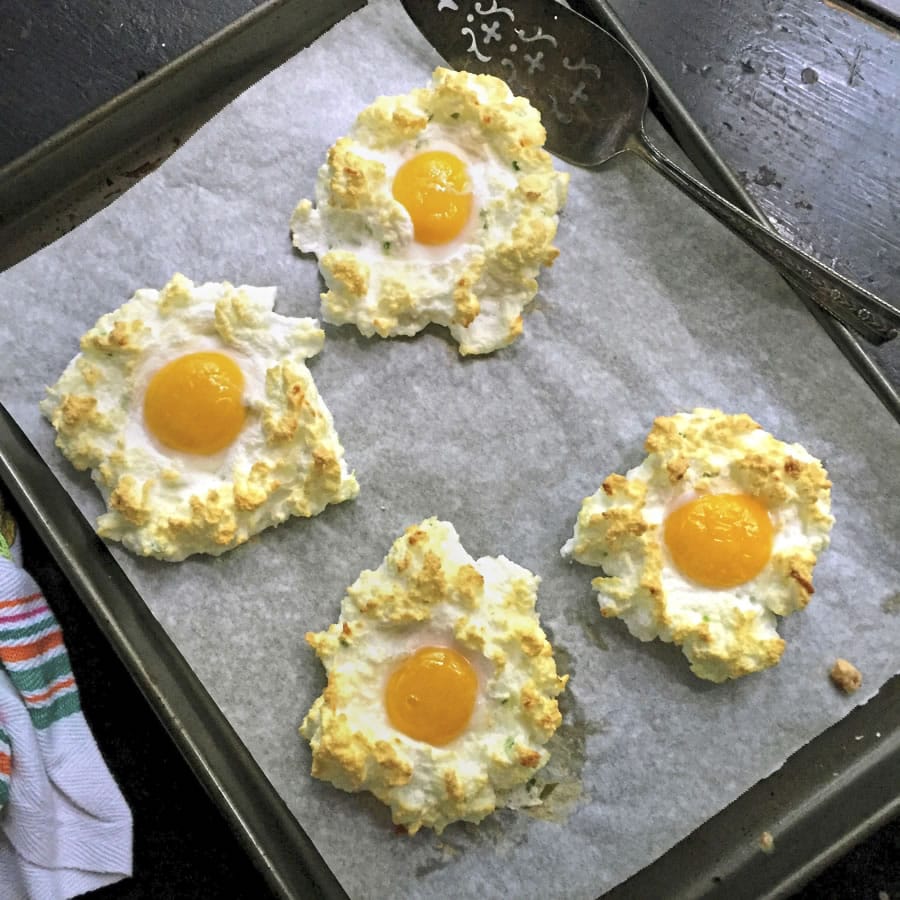 Cloud eggs are fluffy, cloud-like egg white meringues with an egg yolk nestled in the middle.