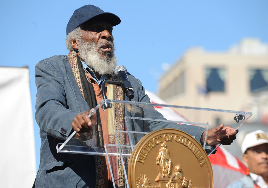 Dick Gregory speaks at the D.C. Full Democracy Freedom Rally and March in Washington, D.C., on Oct. 15, 2011. Gregory, a comedian, activist and author, died on Saturday.
