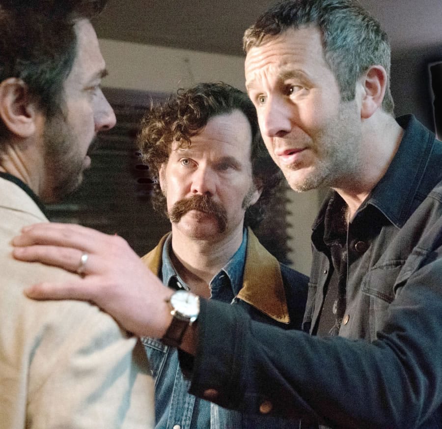 Chris O’Dowd, right, and Sean Bridgers, center, play small-time thugs trying to convince Ray Romano to produce their film script in Epix’s adaptation “Get Shorty.” Lewis Jacobs/EPIX