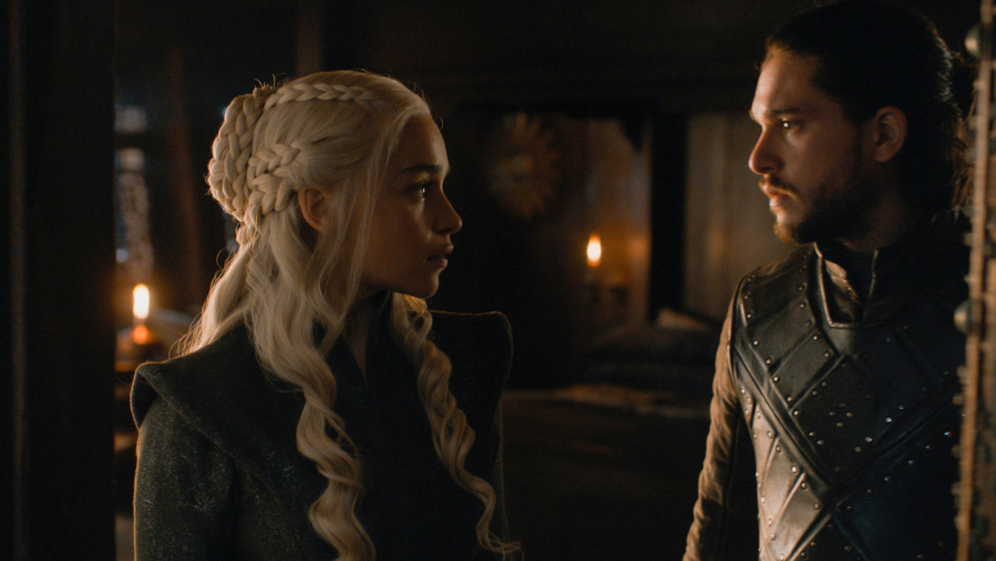 Emilia Clarke and Kit Harington in season 7, episode 7 of “Game of Thrones.” HBO