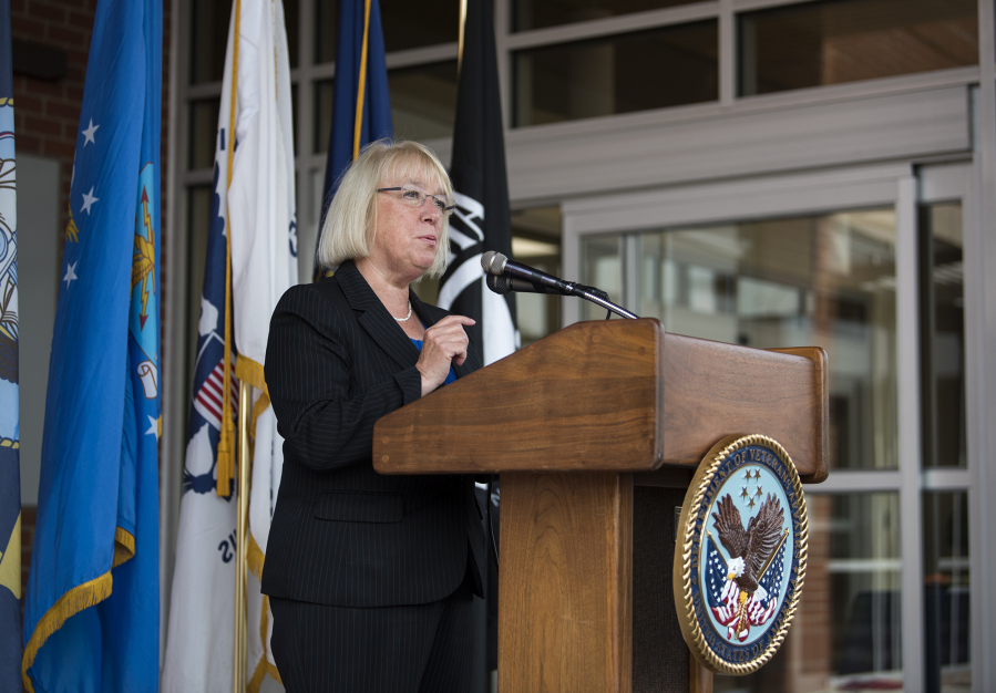 Sen. Patty Murray, D-Wash., speaks during Wednesday’s grand opening of the new VA primary care clinic in Vancouver. Later, she gave an interview in which she said she is concerned with President Donald Trump’s “hot rhetoric” surrounding North Korea.