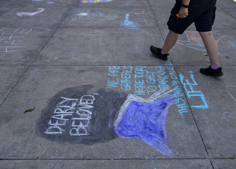 A message of support featuring a lyric by the late artist Prince is one of the many drawings.
