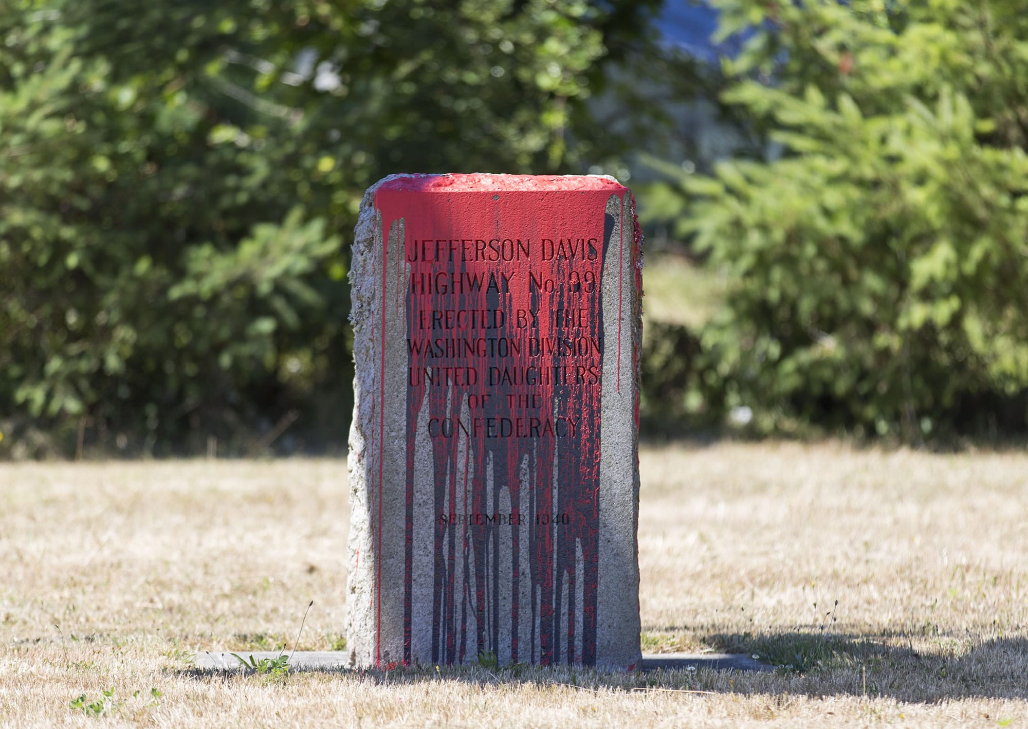 Jefferson Davis highway markers were vandalized at Jefferson Davis Park in Ridgefield, seen Friday afternoon.