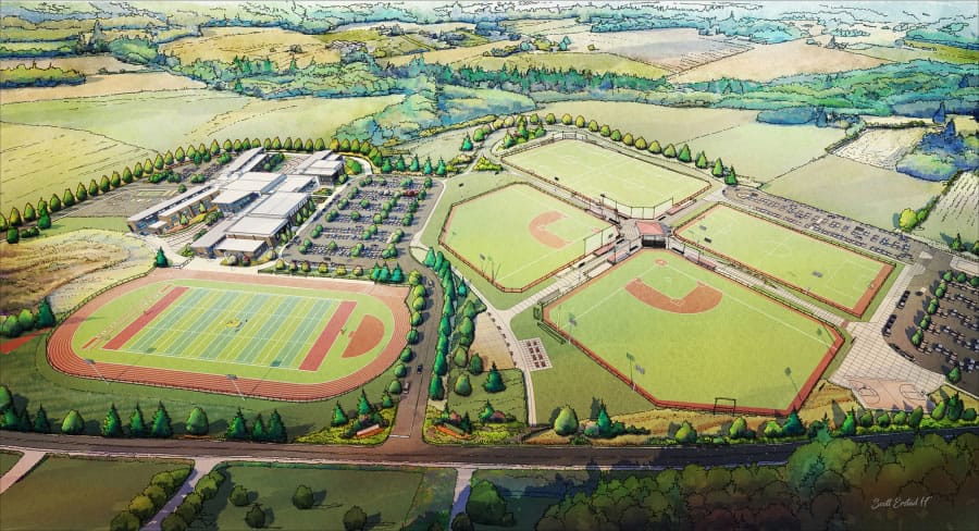 A rendering of the Ridgefield Outdoor Sports Complex, a joint project between the city and Ridgefield School District, which will feature six multi-purpose turf fields, trails, a playground and meeting space.