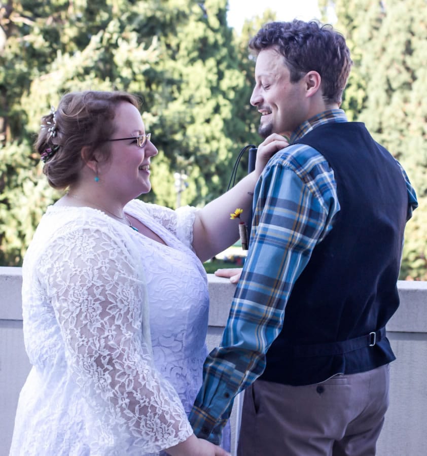Anni Becker Furniss and John Furniss were married on Sept. 12, 2015, at the Marshall Community Center garden. Instead of a “first look” at their wedding, the couple enjoyed a “first touch,” since John Furniss has been blind since age 16.