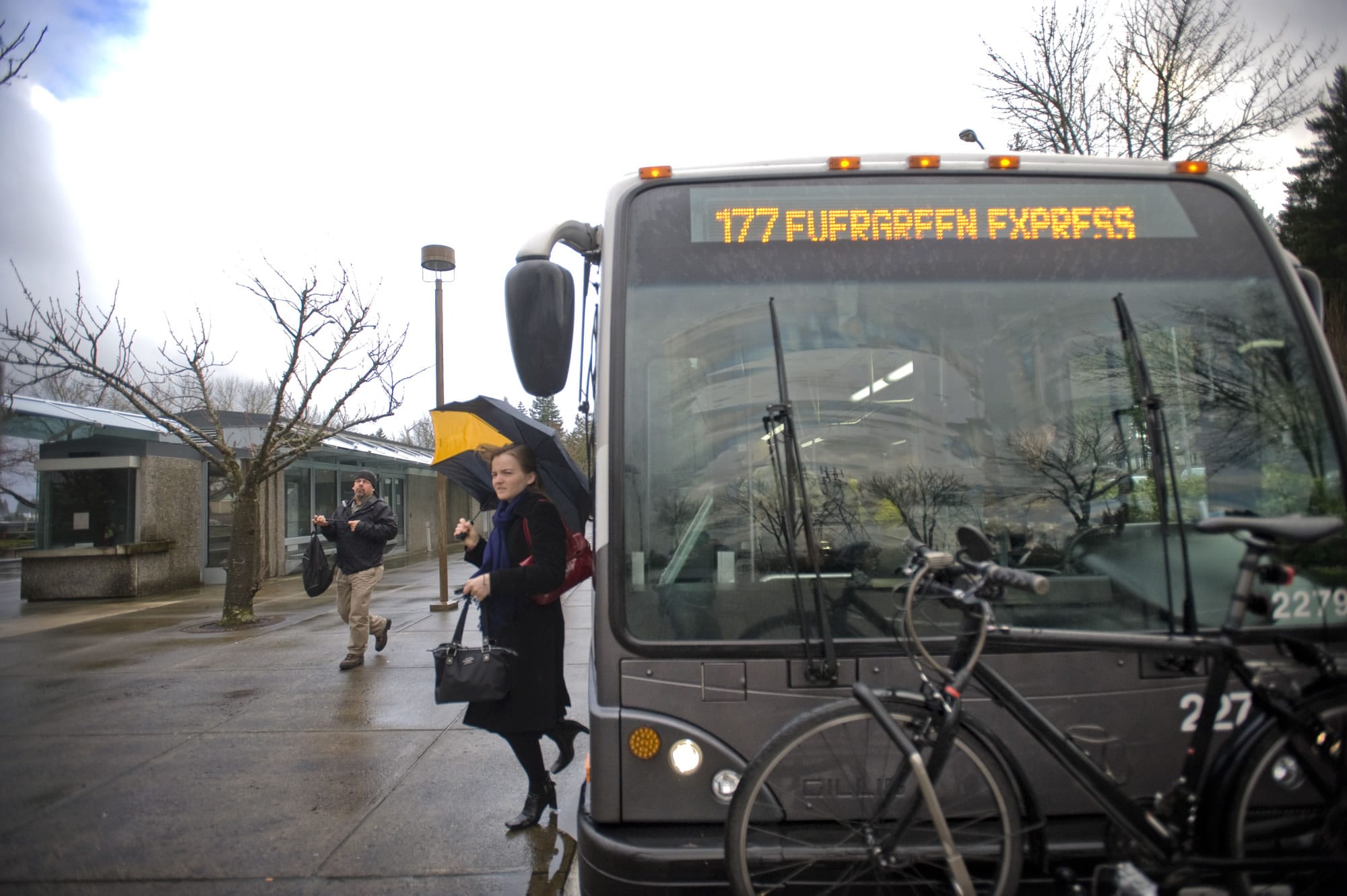 Passengers arrive at the Evergreen Transit Center from downtown Portland via the C-Tran Evergreen Express.