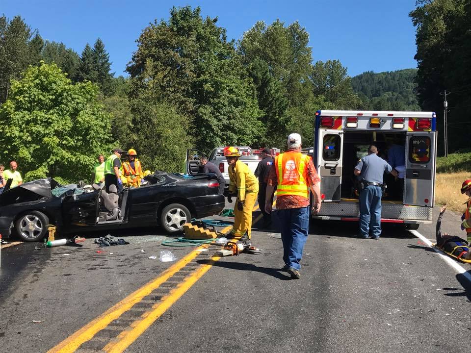 Firefighters, state troopers and paramedics respond to a two-vehicle crash that injured eight people north of Woodland Tuesday morning. The state patrol recommended charges of vehicular assault for the driver investigators say caused the crash.
