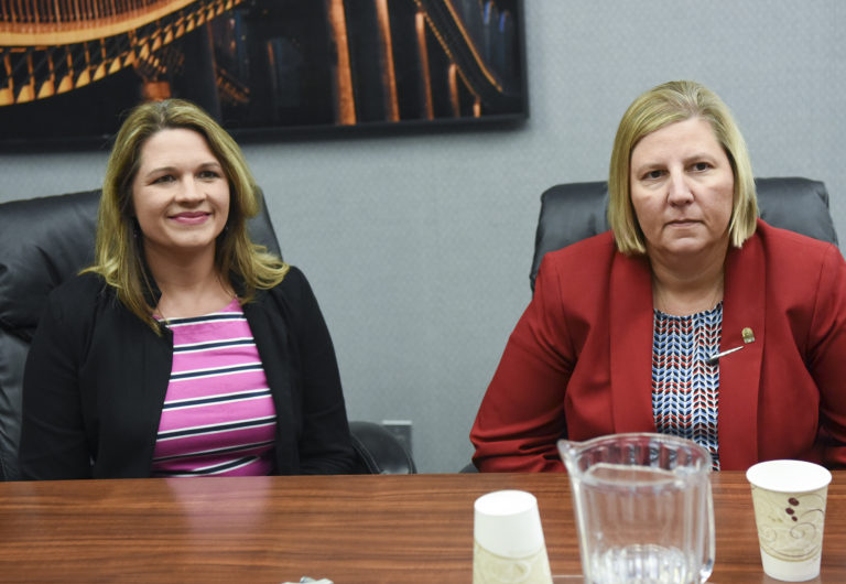 Candidates for Evergreen School Board, District 1, Megan Miles, left, and Julie Bocanegra meet with The Columbians editorial board July 6. Bocanegra is leading with 57 percent of the votes, and Miles trails with 36.5 percent.