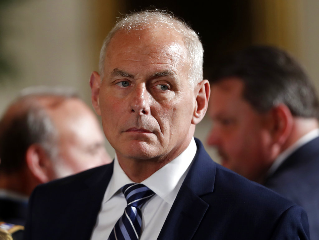 White House Chief of Staff John Kelly appears at event where President Donald Trump was to bestow the Medal of Honor to retired Army medic James McCloughan during a ceremony in the East Room of the White House in Washington, Monday, July 31, 2017.(AP Photo/Pablo Martinez Monsivais)