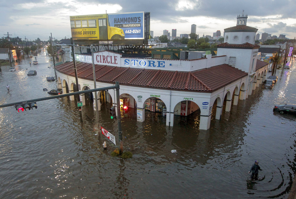 The Circle Food Store engulfed in floodwaters in New Orleans. With more rain in the forecast and city water pumps malfunctioning after weekend floods, New Orleans' mayor is urging residents of some waterlogged neighborhoods to move their vehicles to higher ground. Mayor Mitch Landrieu's office said early Thursday, Aug. 10, 2017, the city has lost service to one of its power turbines, which powers most of the pumping stations service the East Bank of New Orleans.