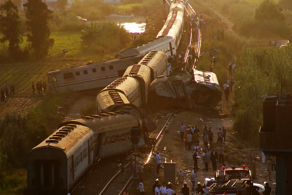 Two trains are seen after they collided just outside Egypt’s Mediterranean port city of Alexandria, Friday, Aug. 11, 2017, killing at least dozens of people and injuring over 100 in the country’s deadliest rail accident in more than a decade.