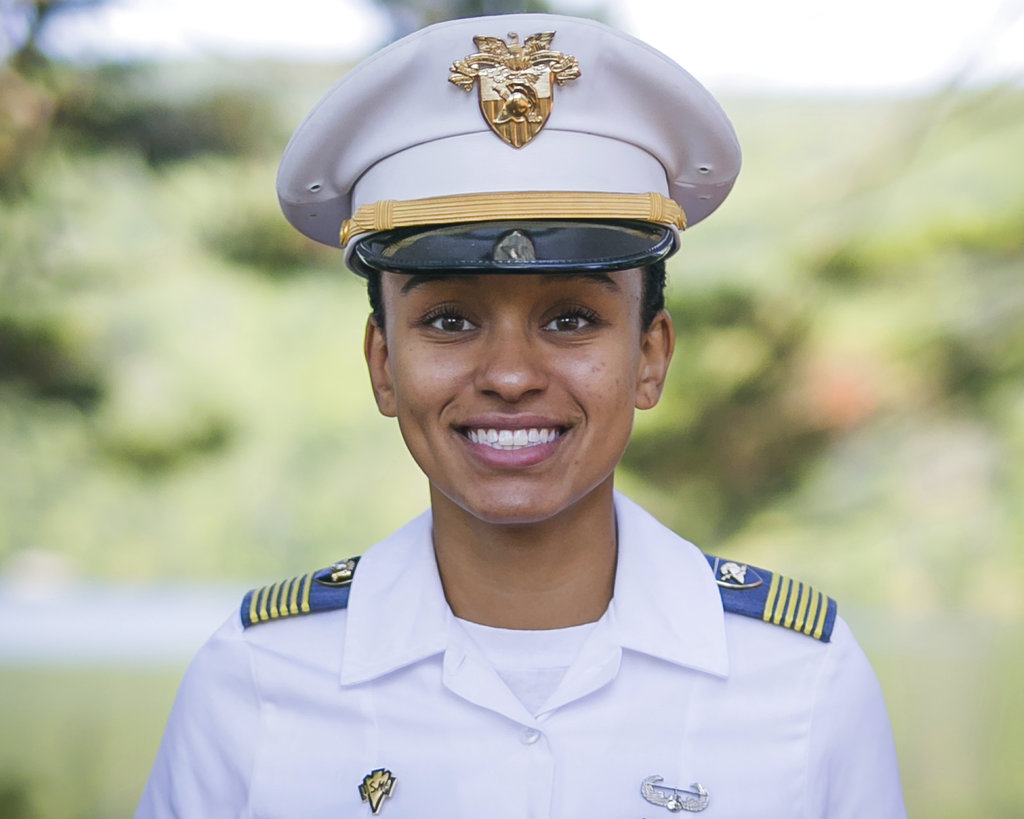 In this Aug. 3, 2017, image provided by the U.S. Army, West Point Cadet Simone Askew poses for a photo. Askew is making history as the first black woman to lead the Long Grey Line at the U.S. Military Academy. She will be responsible for the overall performance of the roughly 4,400 cadets at West Point. (Austin Lachance/U.S.