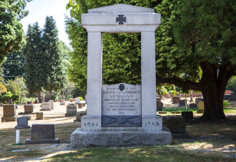 In this Tuesday, Oct. 15, 2017 photo, a memorial for Confederate soldiers sits in Lake View Cemetery on Capitol Hill in Seattle, Wash. In the wake of the violence in Charlottesville, Va., some cities have removed Confederate statues and a Confederate monument on private property in Seattle is causing some tension. Lake View Cemetery closed Wednesday, Aug. 16, 2017, because of the angry messages they've received over the memorial.