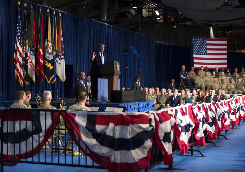 President Donald Trump speaks at Fort Myer in Arlington Va., Monday, Aug. 21, 2017, during a Presidential Address to the Nation about a strategy he believes will best position the U.S. to eventually declare victory in Afghanistan.