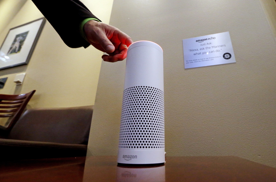 An Amazon Alexa device is switched on for a demonstration of its use in a ballpark suite at Safeco Field before a Seattle Mariners baseball game in Seattle.