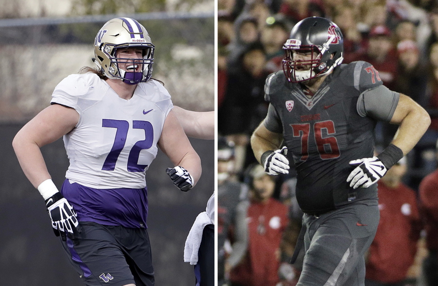 Five years after being teammates at Wenatchee High School, Trey Adams, left, and Cody O’Connell, right, are two of the best offensive linemen in the country: Adams at No. 8 Washington and O’Connell at No. 24 Washington State.