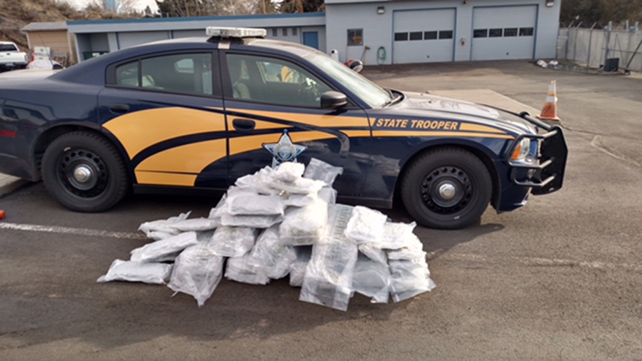 This undated photo provided by the Oregon State Police shows 113 pounds of high-quality marijuana found in the trunk of a Minnesota man’s car after he was stopped for speeding in Bly, Ore., in Feb., 2017. Two reports say Oregon is an epicenter of marijuana production, with cannabis being smuggled across the USA. Oregon and other legalized states are trying to curtail this diversion into the black market, as the federal government considers more aggressive enforcement in those states.