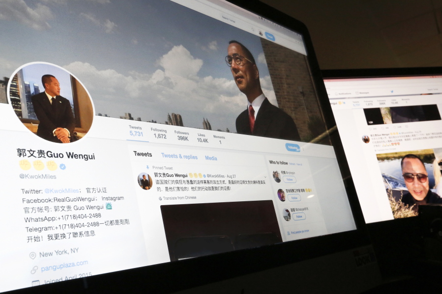 A Twitter page of Chinese exiles businessman Guo Wengui is seen on a computer screen in Beijing. Escalating efforts to repatriate one of its most wanted exiles, China’s ruling Communist Party has opened a police investigation on a new allegation, rape, against New York-based billionaire Guo, who has been releasing what he calls official secrets ahead of a pivotal party leadership conference.