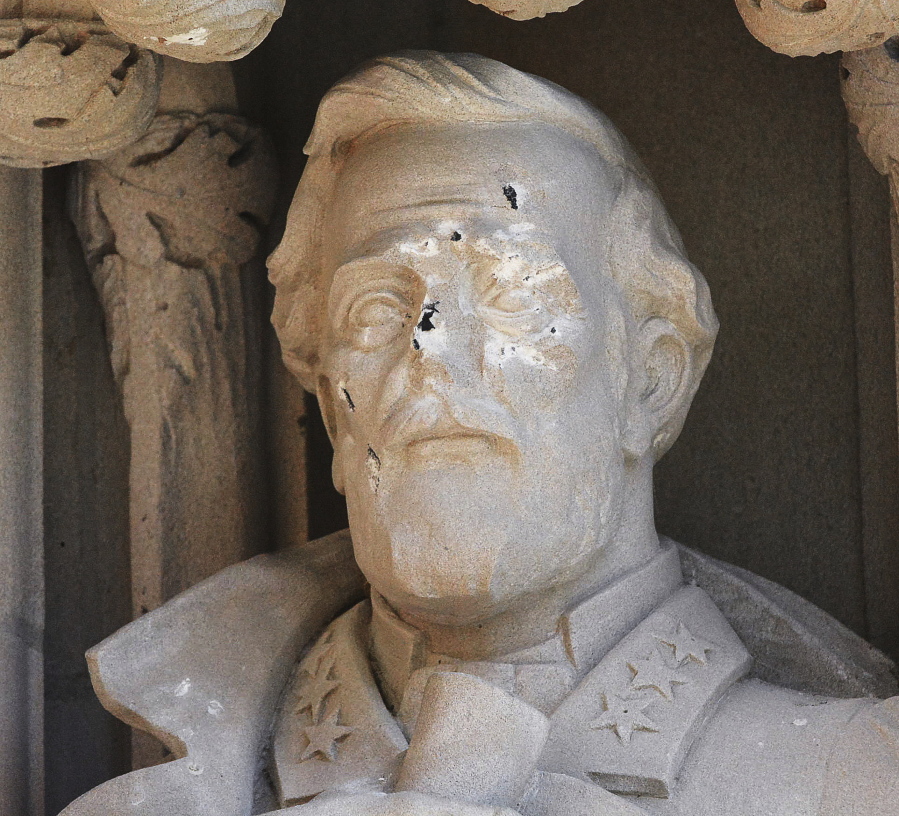 Damage to a statue of Gen. Robert E. Lee at the Duke Chapel in Durham, N.C., was discovered Thursday.