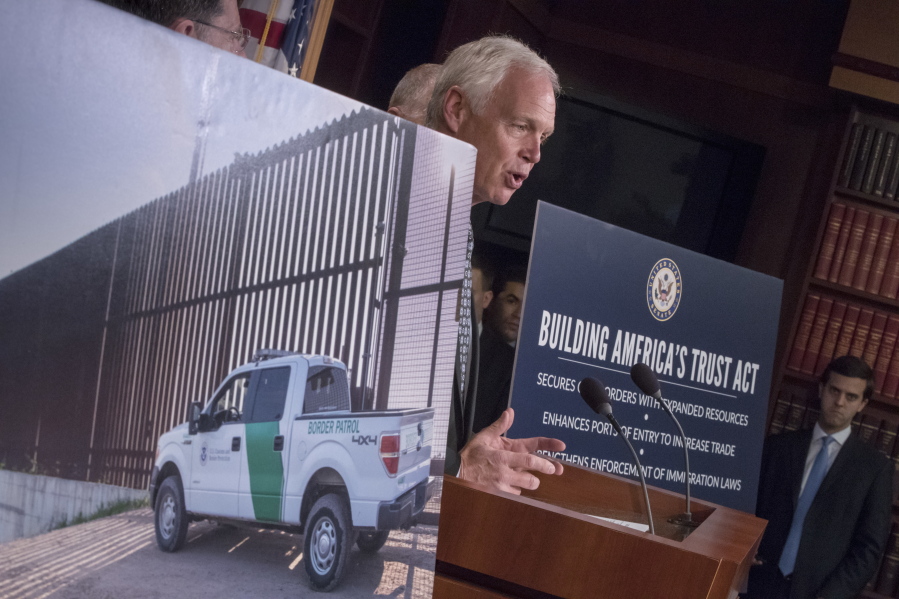 Senate Homeland Security and Governmental Affairs Chairman Sen. Ron Johnson, R-Wis. speaks to reporters about border security during a news conference on Capitol Hill Washington on Thursday. (AP Photo/J.