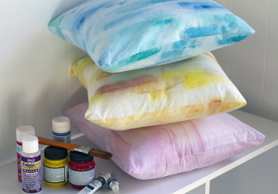 Watercolor pillows can be created by using different techniques. Some of the necessary supplies for the project include fabric painting medium, craft paint and liquid watercolor paint.