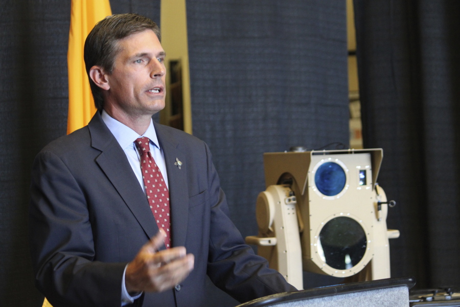 U.S. Sen. Martin Heinrich, D-New Mexico, discusses the potential of high-energy laser weapons systems being developed by engineers at Boeing during a news conference in Albuquerque, N.M., on Wednesday, Aug. 23, 2017. Heinrich said the U.S. Defense Department is investing $17 million as part of an effort to transfer the technology from the lab to the battlefield.