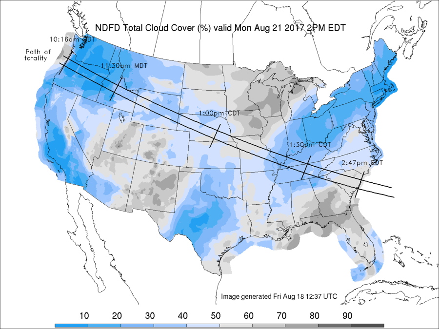 A map shows the forecast cloud cover and the path of totality of the solar eclipse for the U.S. for Monday.