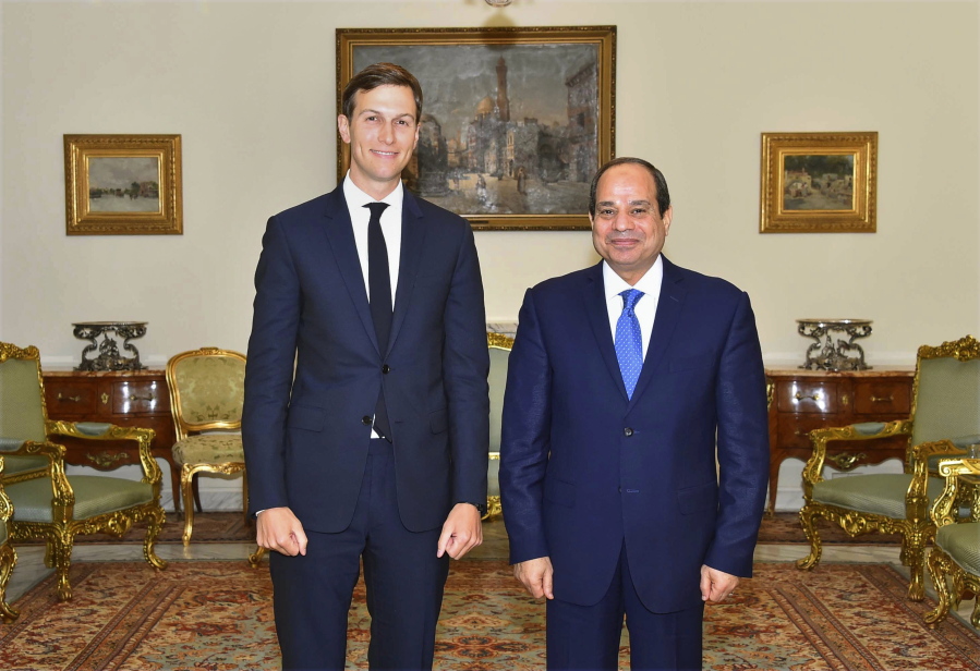 Egypt’s President Abdel-Fattah el-Sissi, right, poses for a photo with White House adviser Jared Kushner, in Cairo, Egypt, Wednesday.