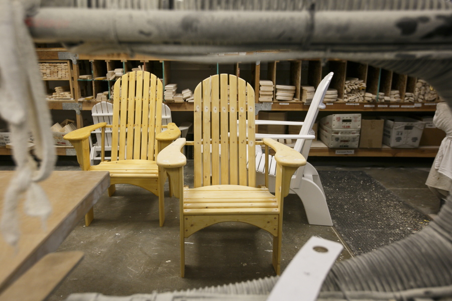 Adirondack chairs built by patients at the Oregon State Hospital are seen in Salem, Ore. (Molly J.