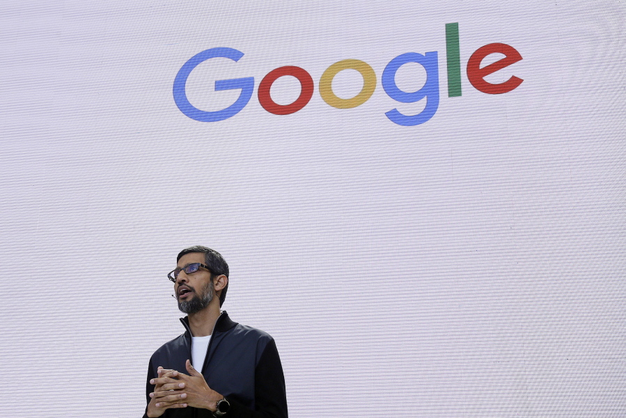 Google CEO Sundar Pichai delivers the keynote address for the Google I/O conference in Mountain View, Calif. Pichai has canceled an internal town hall meant to address gender discrimination on Thursday, Aug. 10, after employee questions for management began to leak online from the company’s internal messaging service.
