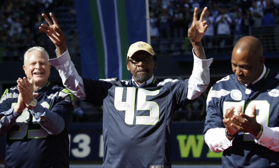 Former Seattle Seahawk Kenny Easley (45) is recognized during a halftime celebration of the team’s 40th anniversary, during an NFL football game against the Chicago Bears in Seattle in 2015. Easley will be the fourth Seattle Seahawks player inducted into the Hall of Fame.