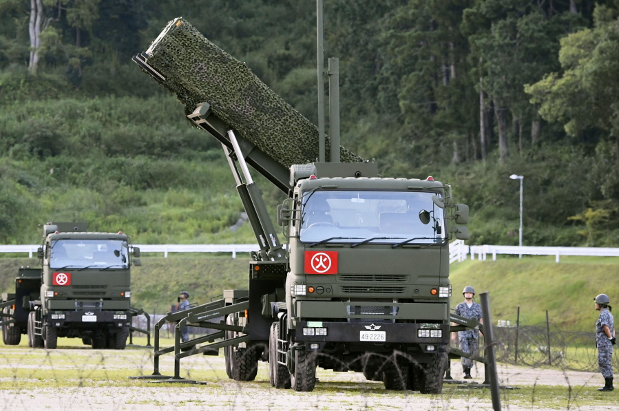 A PAC-3 interceptor is deployed in the compound of a garrison of the Japan Ground Self-Defense Force in Konan, Kochi prefecture, Japan, Saturday, Aug. 12, 2017. Japan started deploying land-based Patriot interceptors after North Korea threatened to send ballistic missiles flying over western Japan and landing near Guam. The Defense Ministry said Friday the PAC-3 surface-to-air interceptors are being deployed at four locations - Hiroshima, Kochi, Shimane and Ehime.