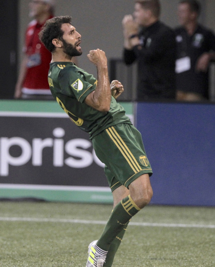 Portland Timbers' Diego Valeri (8) celebrates a goal against the Colorado Rapids during an MLS soccer match Wednesday, Aug. 23, 2017, in Portland, Ore.