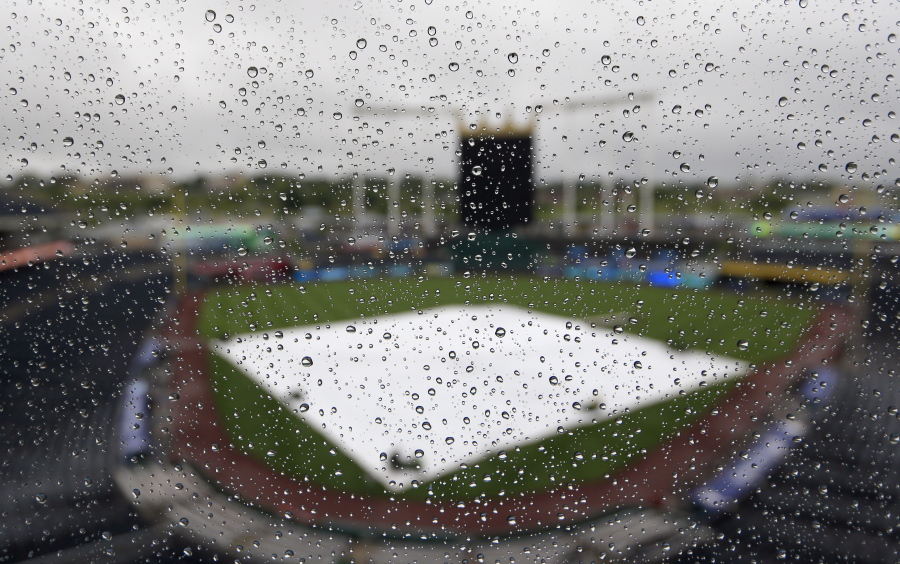 The tarp and playing surface are seen through raindrops on a press box window before a baseball game between the Kansas City Royals and the Seattle Mariners at Kauffman Stadium in Kansas City, Mo., Saturday, Aug. 5, 2017.