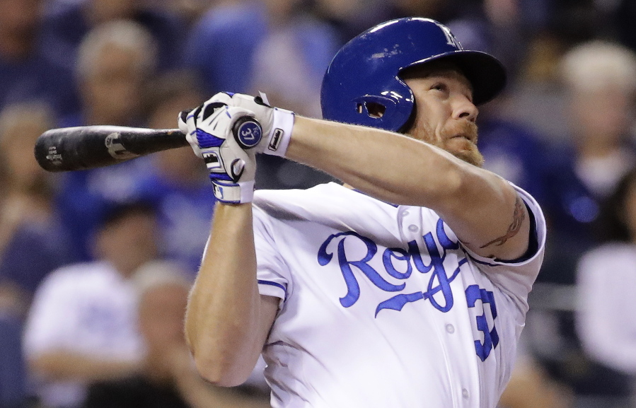 The Royals’ Brandon Moss hits a two-run home run during the fifth inning, the first of two homers on Thursday.