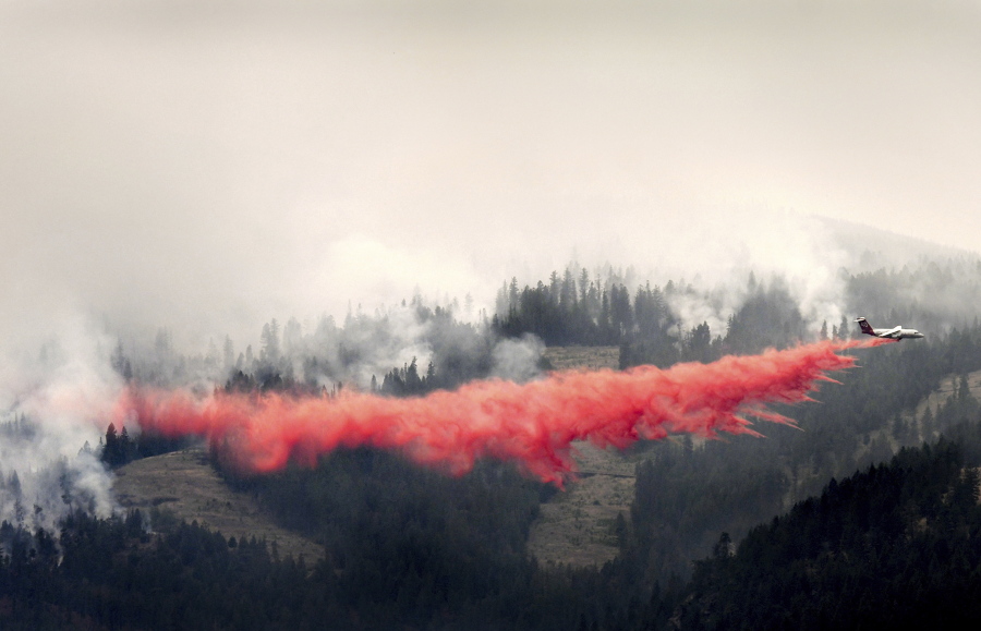 A bomber drops a load of fire retardant below the Lolo Peak fire creeping down the face of the ridge toward the Bitterroot Valley, Friday, Aug. 18, 2017 in Missoula, Mont. The Lolo Peak Fire in western Montana blew up overnight leading law enforcement officers to order the evacuation of up to 400 more homes west of the town of Lolo.