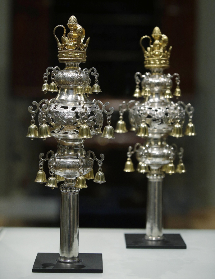 Ceremonial bells worth more than $7 million and belonging to the Touro Synagogue in Newport, R.I., are displayed at the Museum of Fine Arts in Boston.