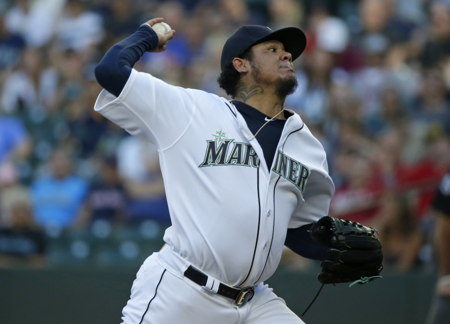 Seattle Mariners starting pitcher Felix Hernandez throws against the Boston Red Sox in the first inning of a baseball game, Tuesday, July 25, 2017, in Seattle. (AP Photo/Ted S.