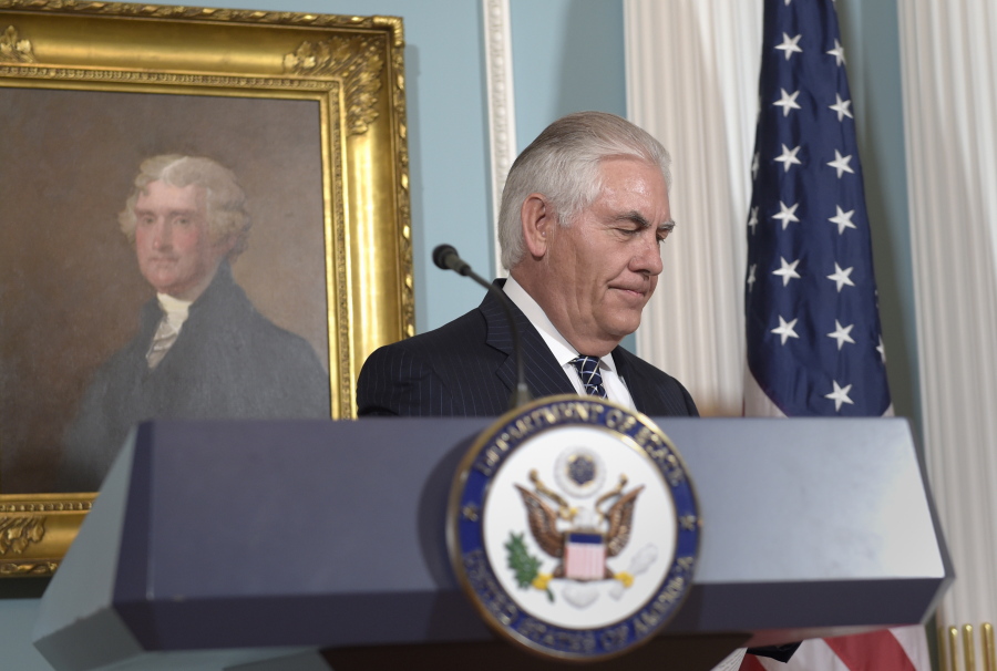 Secretary of State Rex Tillerson leaves after speaking on the release of the 2016 annual report on International Religious Freedom on Tuesday at the State Department in Washington.