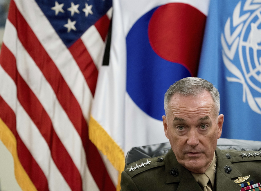 Joint Chiefs Chairman Gen. Joseph Dunford speaks at a news conference at U.S. Army Garrison Yongsan, Seoul, South Korea, on Monday. The top U.S. military officer is warning during a trip to Seoul that the United States is ready to use the “full range” of its military capabilities to defend itself and its allies from North Korea. A spokesman says Marine Corps Gen. Dunford also told his South Korean counterparts Monday that the North’s missiles and nukes threaten the world.
