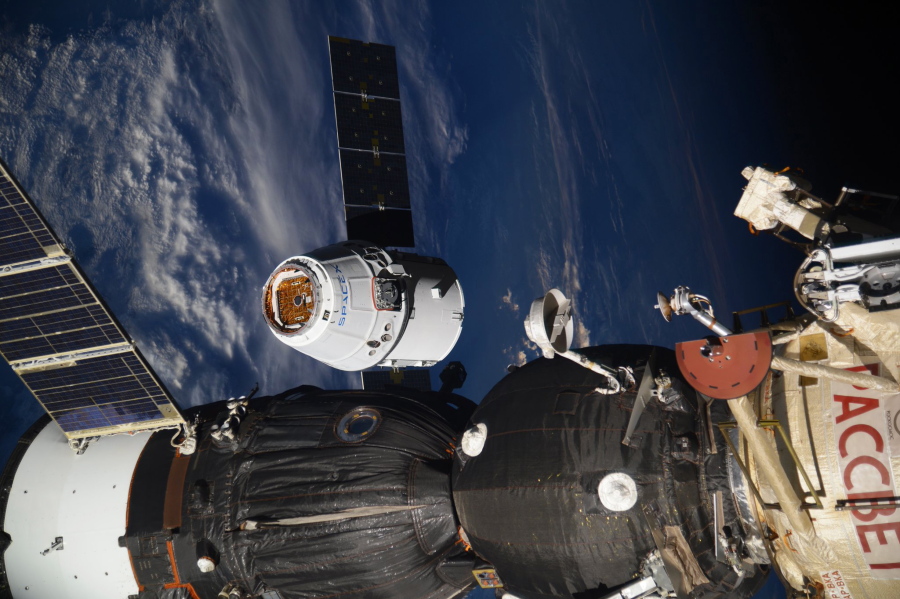 The SpaceX Dragon capsule arrives at the International Space Station on Wednesday. The capsule pulled up Wednesday following a two-day flight from Cape Canaveral, Fla.