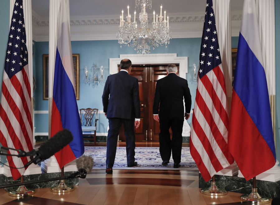 Secretary of State Rex Tillerson, right, and Russian Foreign Minister Sergey Lavrov, walk from a media opportunity at the State Department in Washington on May 10. Since taking office in February, Tillerson has earned frequent praise from President Donald Trump, top Cabinet members and even some Democrats, including those who take solace in the tempering role he plays in an otherwise frenetic administration.