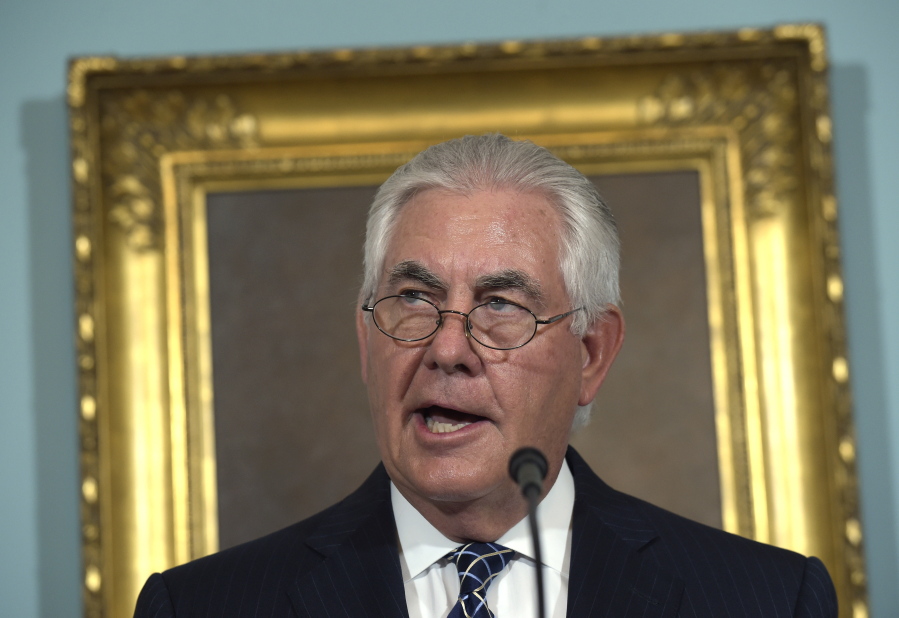 FILE - In this Aug. 15, 2017 file photo, Secretary of State Rex Tillerson speaks at the State Department in Washington. Tillerson is condemning hate speech and bigotry as un-American and antithetical to the values the U.S. was founded on and promotes abroad. In his most extensive comments on race and diversity since last weekend’s violence in Charlottesville, Va., Tillerson on Friday, Aug. 18, 2017, called racism “evil.” He said freedom of speech is sacrosanct but that those who promote hate poison the public discourse and damage the country they claim to love.