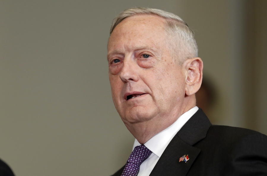 Defense Secretary Jim Mattis answers a reporter’s question about North Korea, before a meeting with Dutch Defense Minister Jeanine Hennis-Plasschaert at the Pentagon, Tuesday, Aug. 15, 2017.