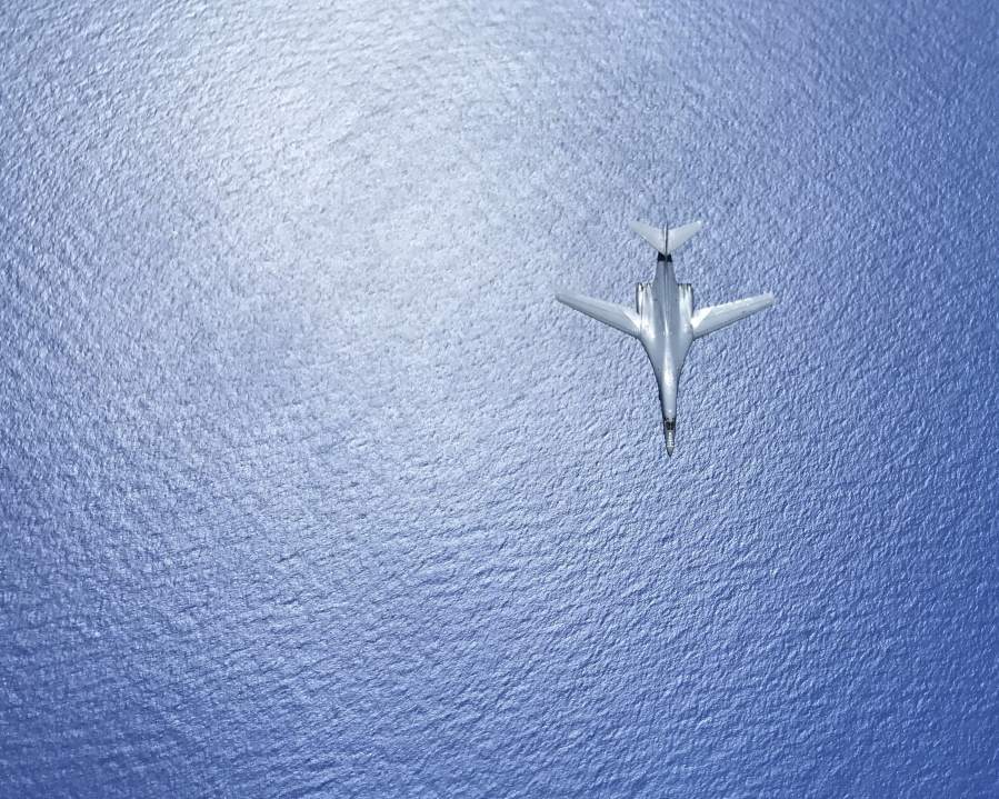 A U.S. Air Force B-1B Lancer assigned to the 37th Expeditionary Bomb Squadron, deployed from Ellsworth Air Force Base, South Dakota, in flight during a 10-hour mission from Andersen Air Force Base, Guam, flying in the vicinity of Kyushu, Japan, the East China Sea, and the Korean peninsula, Aug. 7, 2017 (HST). (Airman 1st Class Gerald Willis/U.S.